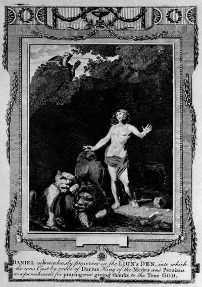 Daniel blev bevaret i løvens hule, fra "The New and Complete Book of Martyrs" af Paul Wright af English School